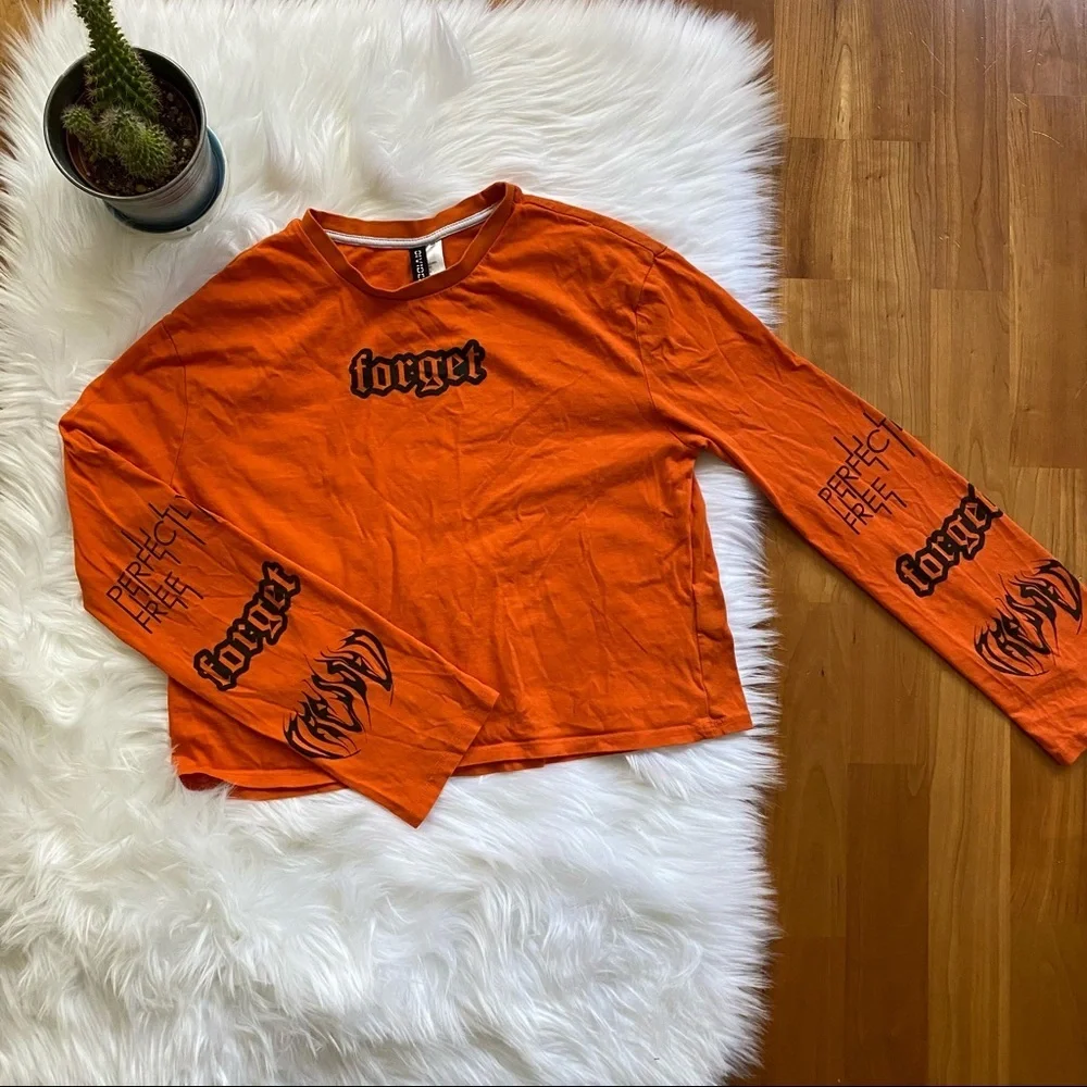 H&M Orange Forget Graphic Text Crop Longsleeve Top - Picture 2 of 6